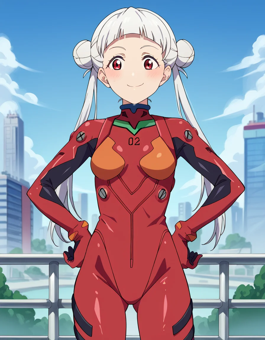 score_9, score_8_up, score_7_up, source_anime, <lora:chisato-arashi-s2-ponyxl-lora-nochekaiser:1>, chisato arashi, long hair, bangs, red eyes, twintails, white hair, blunt bangs, hair bun, double bun,, <lora:souryuu-asuka-langley-cosplay-ponyxl-lora-nochekaiser:1>, souryuuasukalangleycosplay, souryuu asuka langley (cosplay), bodysuit, pilot suit, plugsuit, red bodysuit, interface headset,, cityscape, smile, blush, hands on hips,, , cowboy shot, dutch angle