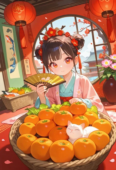 1girl, solo, basket, red carpet, cat, chinese clothes, pearl curtains, feathers, eyelashes, koi \(fish\), indoor pond, fortune cat, floral print hanfu, folding fan, plum blossoms, kumquat trees, folding screen, round window, hanging scroll, headdress, Eastern paintings, red lanterns, orchids, peonies, chinese paper cuttings, holding fan, lettuce, oversized food, chinese scroll, qixiong ruqun, banbi, tuanshan, double bun, lots of food, many vases, hanfu, red firecracker decor, red banners on door, lucky charm, mandarin oranges, red and orange theme, many blooming flowers, flying flower petals, lush, flower overgrown, ((eastern asian style)), ((indoors)), ((rotated horizon)), (tilted angle), ((Best quality)), ((Detailed background :1.5)), ((Detailed)), ((Masterpiece)), (asymmetric view), (depth of field), (foreshortening:2), 4k, 8k, absurdres, amazing quality, detailed eyes, detailed face, detailed skin texture, face focus, highres, newest, perfect eyes, skindentation, Ultra HD, very aesthetic, very awa,