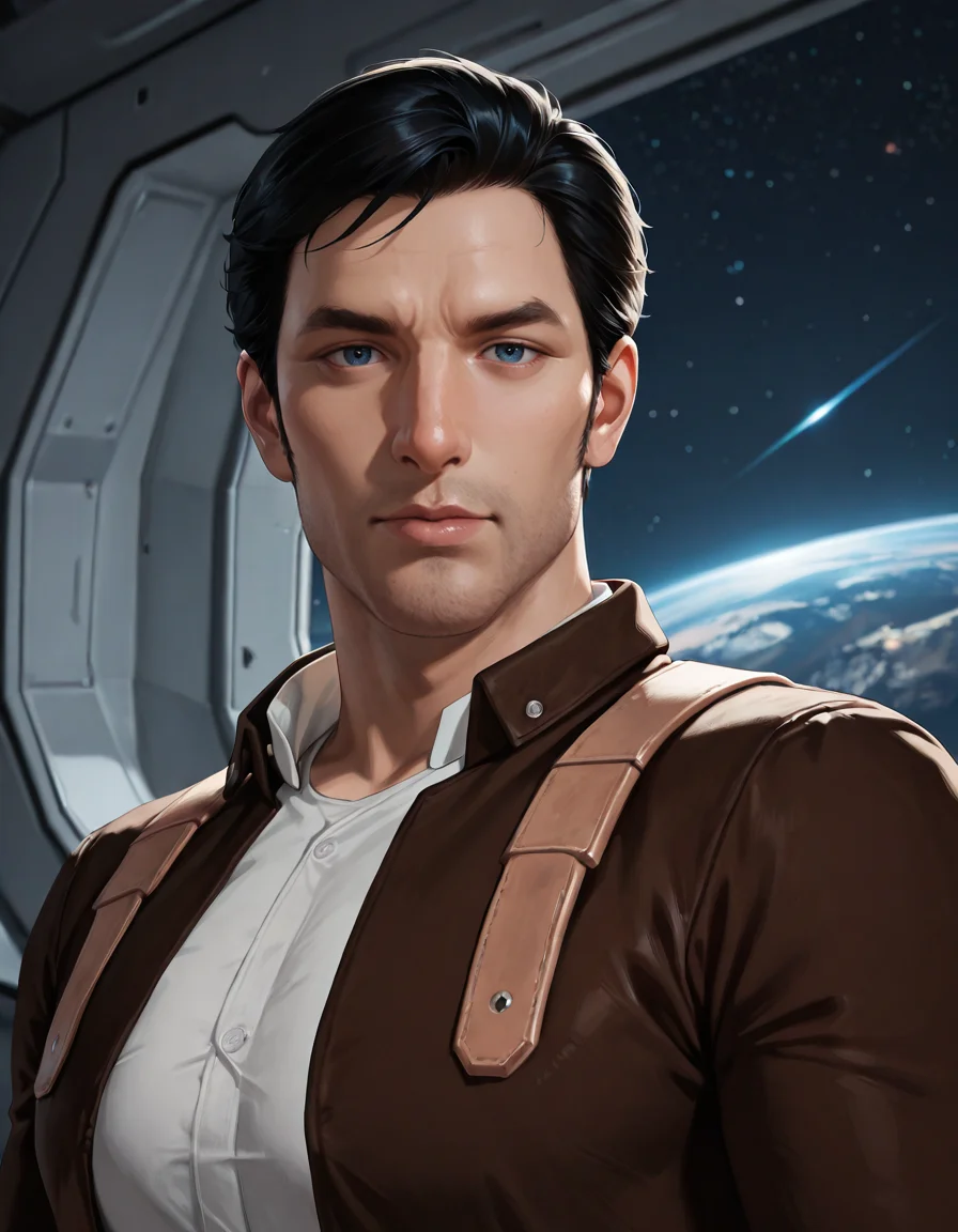 masterpiece, best quality, absurdres, newest, perfect quality, best quality, absolutely eye-catching, detailed background, intricate details, male focus, realistic, solo, <lora:SWTOR - Jonas Balkar - Illustrious:0.7>, jonasbalkar, 1boy, mature male, black hair, blue eyes, night, shoulder straps, brown jacket, white shirt, looking at viewer, window, space, spacecraft interior, come hither, head tilt, muscular, portrait