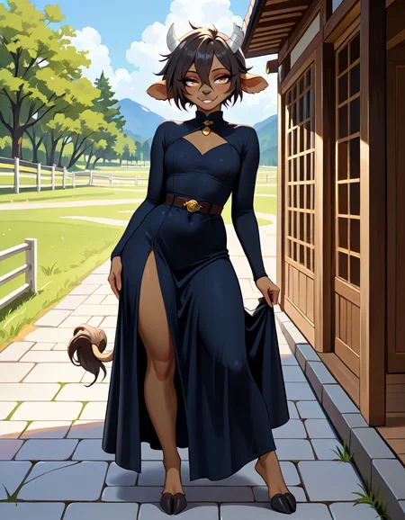masterpiece, best quality, very aesthetic, absurdres,
outdoors, dressed,
standing, posing,
full body, seductive smile, parted lips, long eyelashes,
<lora:Manitka_Storm_v01_NAIXL:1>
Man1tkaStorm,1gilr,solo,furry,furry female,cow girl,cow ears,cow horns,short hair,black hair,hair between eyes,brown hair,body fur,brown fur,cow tail,hooves,