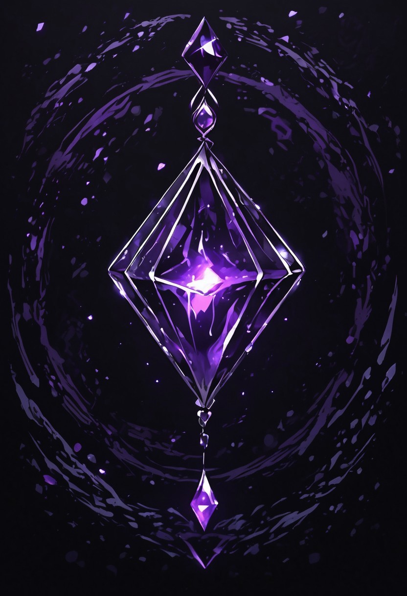 (masterpiece), best quality, Symphtia-Style, Anime, (Floating Diamond, Dripping Liquid), Black Background, No Humans, Black and Purple Theme, (Ancient Runes, Glowing Runes), Symphtia-Style, Zyrnox-Exoterra Style