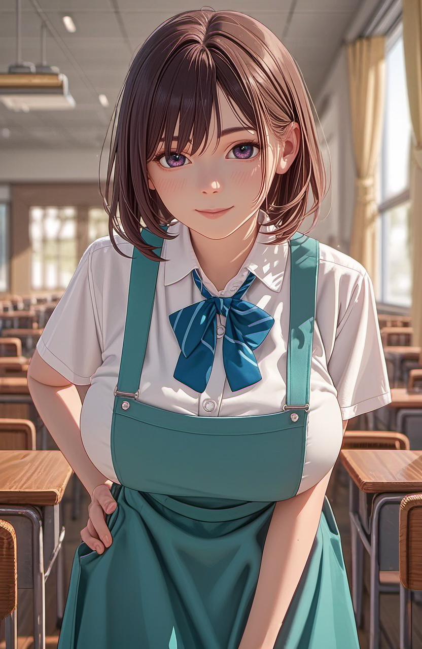 score_8_up,score_7_up,score_6_up,score_5_up,<lora:spo_sdxl_10ep_4k-data_lora_webui:1.7>,zPDXL3,(exquisite score:1.1),<lora:Anime_Screencap:1>,source_anime,anime screencap,dynamic photo,incredibly absurdres,highres,detail,intricate detail,detailed,(exquisite:1.1),4k,16k,uhd,depth of field,ray-tracing,dynamic angle,<lora:add_saturation_XL:0.3>,<lora:add_contrast_XL:-0.5>,<lora:add_brightness_XL:-0.5>,<lora:add_sharpness_XL:0.8>,nsfwupscaler,<lora:BackgroundDetailerV3:0.2>,beautiful simple background,pureerosface_xl,<lora:ALTXLpony_063_8:0.5>,<lora:Expressive_H:0.8>,Expressiveh,perfect eyes,
BREAK 1girl,solo,female focus,huge breasts,bend forward,smile,looking at viewer,<lora:msiaschluniPonyV2:0.8>,outfit0001,schlunifull,blue pinafore dress,white shirt,collared shirt,short sleeve,school uniform,indoors,canteen,