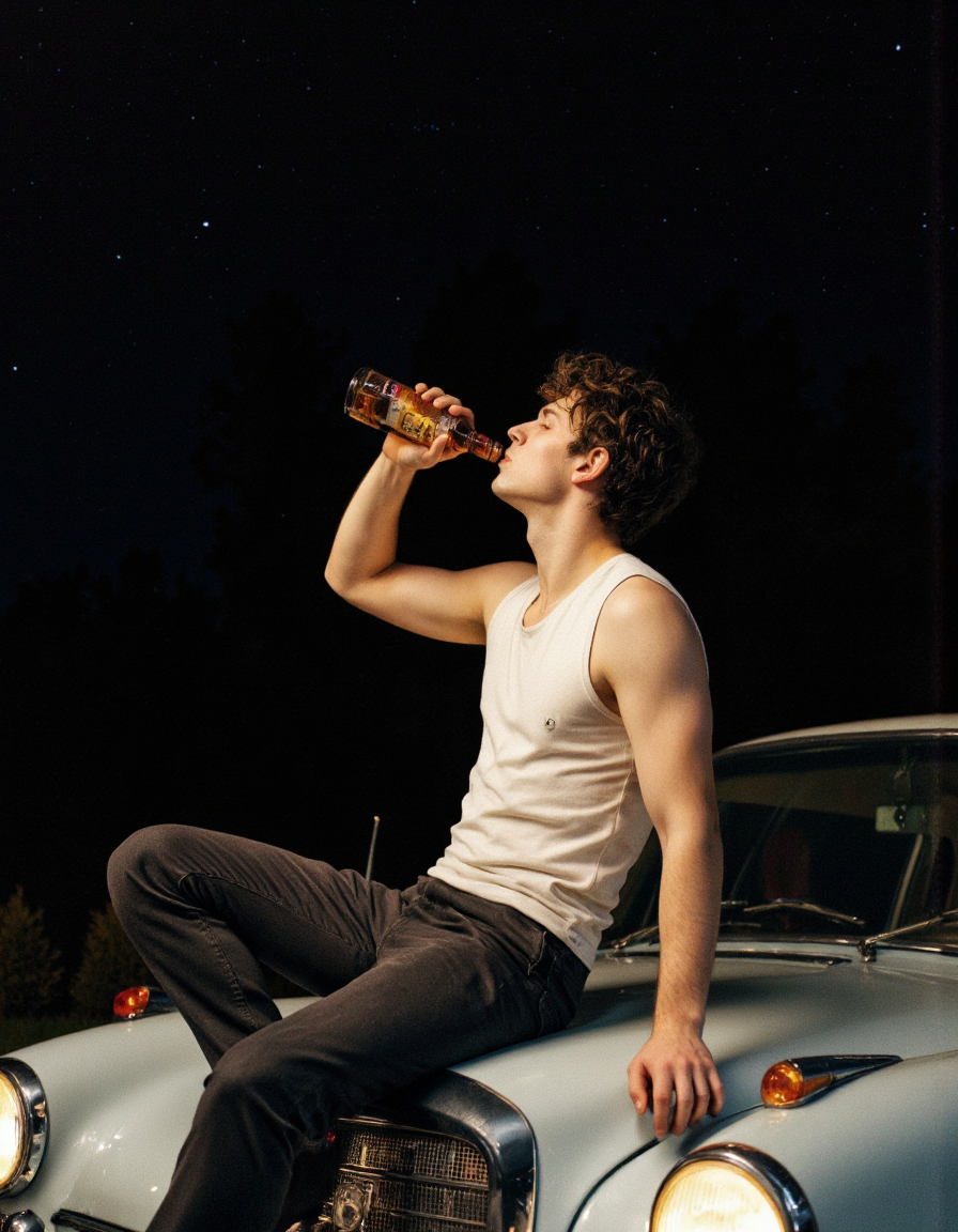 Rembrandt Lighting. A photo-realistic shoot from the side about a young man drinking from a bottle while sitting in the back of a vintage car with red and yellow lights. the image also shows a dark, starry night sky in the background. on the middle of the image, a 20-year-old man, who appears to be in his early twenties, with short, curly dark hair, is sitting on the hood of the car. he is wearing a sleeveless white t-shirt and dark pants. the man is facing away from the camera, with his eyes closed and his mouth slightly open, as if he is enjoying the drink. he has a relaxed expression on his face. the car's headlights are turned on, and the man's body is slim. the lighting is dramatic, with a focus on the man and the car, creating a moody atmosphere.