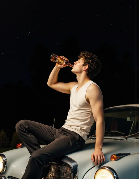 Rembrandt Lighting. A photo-realistic shoot from the side about a young man drinking from a bottle while sitting in the back of a vintage car with red and yellow lights. the image also shows a dark, starry night sky in the background. on the middle of the image, a 20-year-old man, who appears to be in his early twenties, with short, curly dark hair, is sitting on the hood of the car. he is wearing a sleeveless white t-shirt and dark pants. the man is facing away from the camera, with his eyes closed and his mouth slightly open, as if he is enjoying the drink. he has a relaxed expression on his face. the car's headlights are turned on, and the man's body is slim. the lighting is dramatic, with a focus on the man and the car, creating a moody atmosphere.