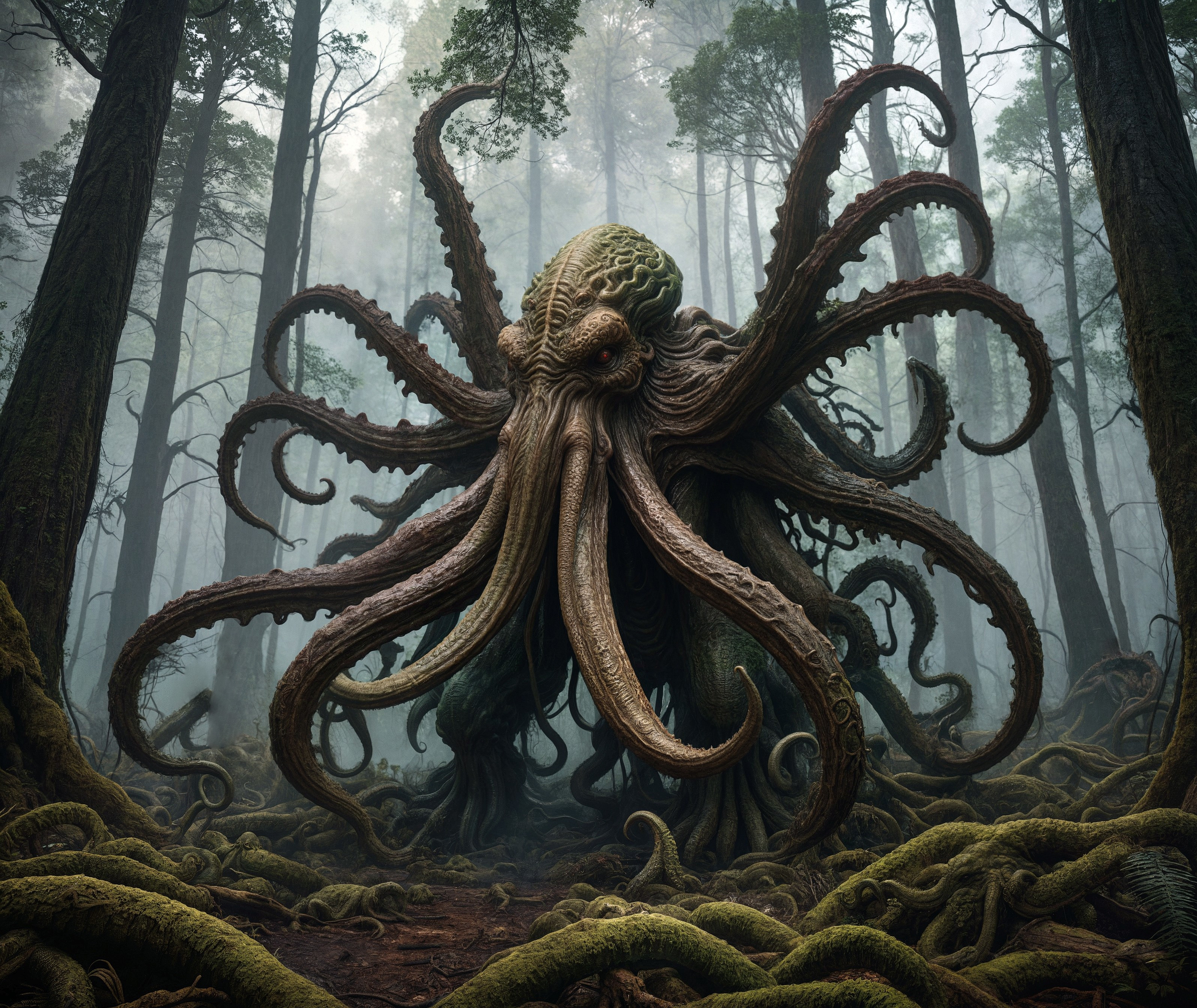 Cthulhu emerging from a large forest , dark fantasy style, in the style of intricate and bizarre illustrations, chaos, destruction,  Dense atmospheric, talismans, smoke, morbid, dark, very detailed, dense atmospheric, epic, dramatic, empty, creepy, photorealistic, unreal engine 5 render