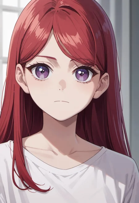 score_9, score_8_up, score_7_up, source_anime,pride royal ivy, red hair, long hair, purple eyes, 1girl, solo, collarbone, closed mouth, looking at viewer, shirt, upper body, anime coloring