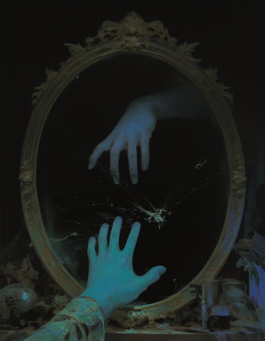 A dark shadowy hand emerging through an old Victorian mirror, with dusty, golden frame. There are ripples in the mirror surface around the anatomically perfect hand coming through the mirror into the real world. The hand breaks through the mirror and emerges on the other side reaching towards the viewer as if emerging from under water to the surface. The mirror is in a dark dusty old attic with old objects. Ominous eerie atmosphere,
<lora:A_Dismal_Style:1> dismal, digital painting, concept art, <lora:F.1 Fluorescent painting_v1.0:0.8> fluorescent painting, glowing