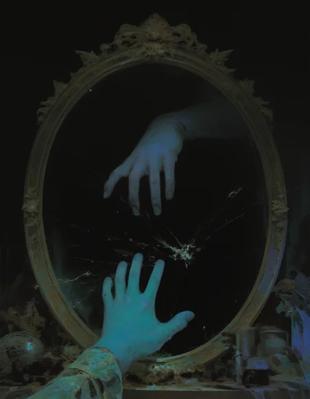 A dark shadowy hand emerging through an old Victorian mirror, with dusty, golden frame. There are ripples in the mirror surface around the anatomically perfect hand coming through the mirror into the real world. The hand breaks through the mirror and emerges on the other side reaching towards the viewer as if emerging from under water to the surface. The mirror is in a dark dusty old attic with old objects. Ominous eerie atmosphere,
<lora:A_Dismal_Style:1> dismal, digital painting, concept art, <lora:F.1 Fluorescent painting_v1.0:0.8> fluorescent painting, glowing
