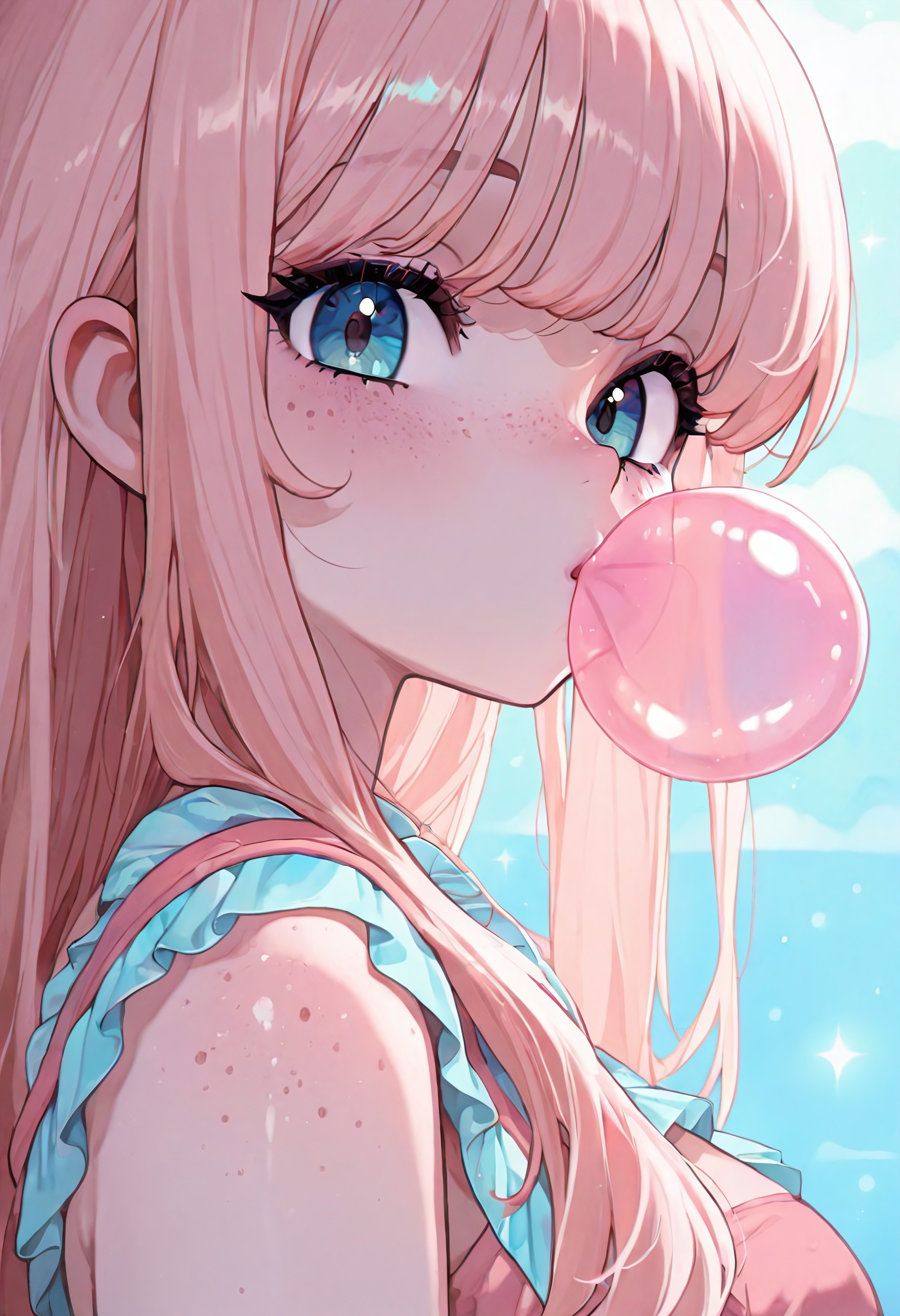 masterpiece, newest,absurdres,very awa,

1girl, solo,
pink hair, bangs, sidelocks, long hair,
freckles,
dynamic composition,
happy,
looking at viewer, side view, looking over shoulder,
bubble gum bubble,

XUER guangying, k4w4iim1r41, cute outfit, pastel,