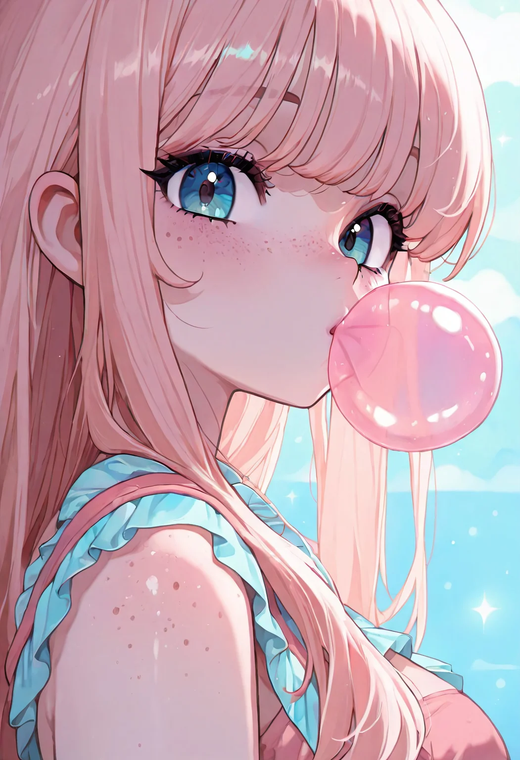 masterpiece, newest,absurdres,very awa,

1girl, solo,
pink hair, bangs, sidelocks, long hair,
freckles,
dynamic composition,
happy,
looking at viewer, side view, looking over shoulder,
bubble gum bubble,

XUER guangying, k4w4iim1r41, cute outfit, pastel,