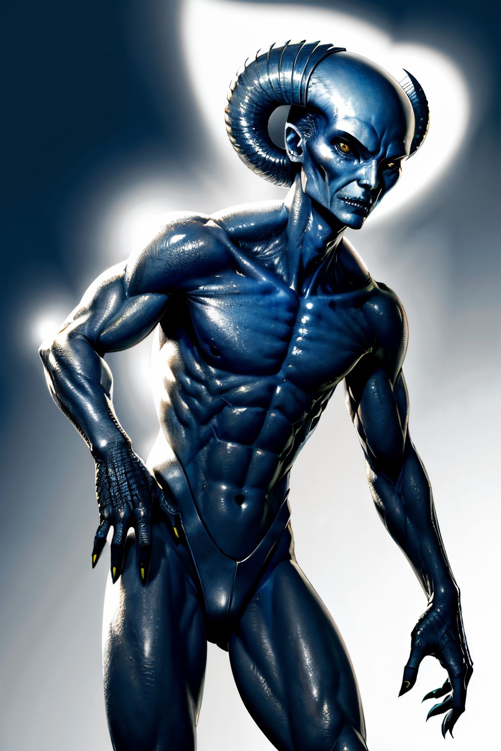 (Realisitc:1.5) veil blonde hair blue theme solo monochrome alien man monster, <lora:EdobAlienMonsterMale_v1.0:0.8>