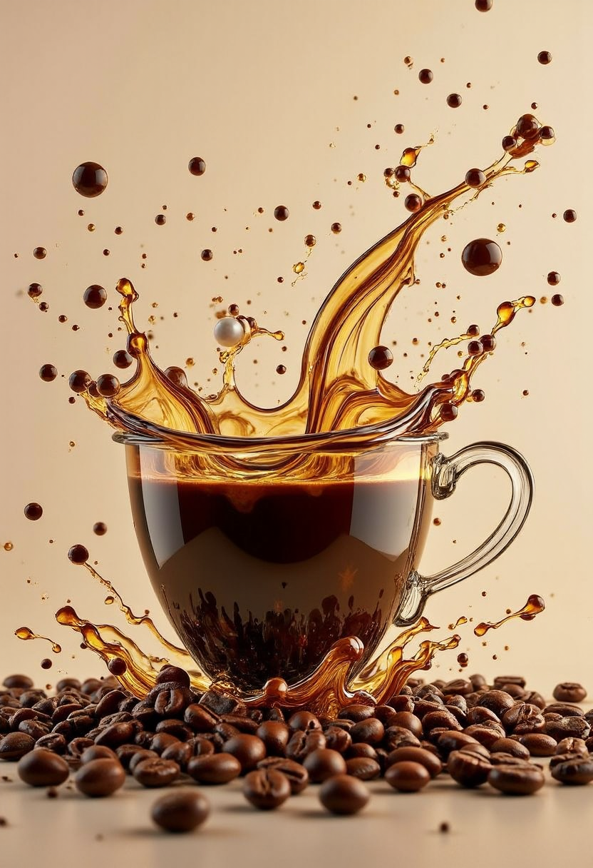 yfg-c0ff the  Coffee cup, coffee beans, pearl, gold, luxurious, motion, dynamic, swirl, splashes,  close-up, masterpiece