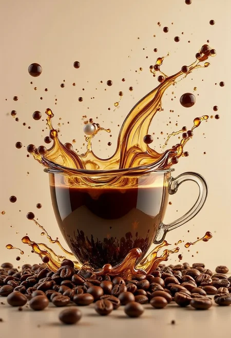 yfg-c0ff the Coffee cup, coffee beans, pearl, gold, luxurious, motion, dynamic, swirl, splashes, close-up, masterpiece