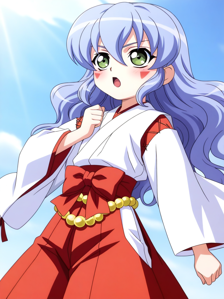 general,highres, ultra-detailed,very aesthetic,best quality ,best hands, BREAK <lora:Nazuna_Onmyou_Taisenki_Ver2.0_IS:0.8>Nazuna, long hair,
wavy hair,
1girl, solo, japanese clothes, miko, green eyes, red hakama, long hair, skirt, open mouth, hakama, blue hair, blush, hakama skirt, long sleeves, facial mark, Yellow beads,
red triangle facial mark, hair between eyes,white kimono,cross-laced sleeves,long sleeves, wide sleeves, red hakama pants, red layered waist bow, waist beads,