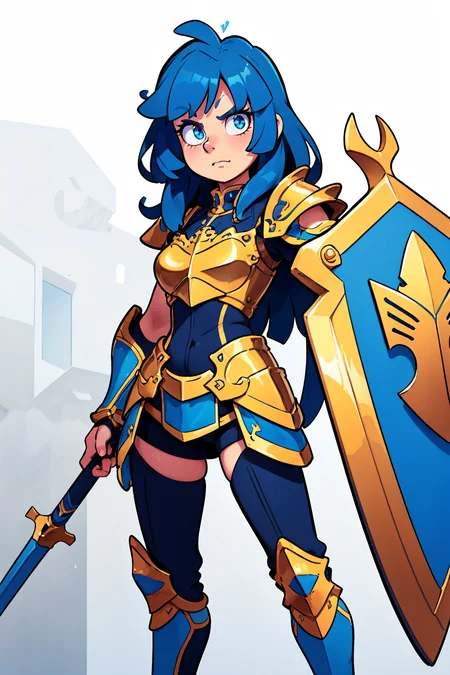an illustration of a female paladin adorned in holy armor, wielding a holy shield, closed mouth, spiked armor, gold trim, standing, intricate background, ((closed mouth)), ki charge
masterpiece, best quality, intricate detail, high background detail, high contrast,   <lora:emotion_angry_slider_v1:1> raytracing,  <lora:backlight_slider_v10:1> <lora:contrast_slider_v10:2>