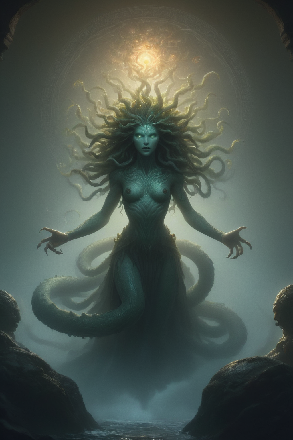 ultra realistic 8k cg, masterpiece, professional artwork, cinematic lighting,  painting of a (Medusa) summoning monsters <lora:Fantasy_Monsters_XL:1>