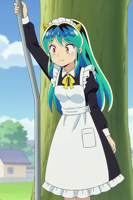 anime screencap, Industrialized dystopian cityscape with smog-filled skies, BREAK anime screencap, Maid Apron Dress, Lum, light smile, oni horns, Resting against a tree or pole with a sultry posture, <lora:Private_Urusei_Yatsura_2022_-Lum-_PDXL_v2:0.8>