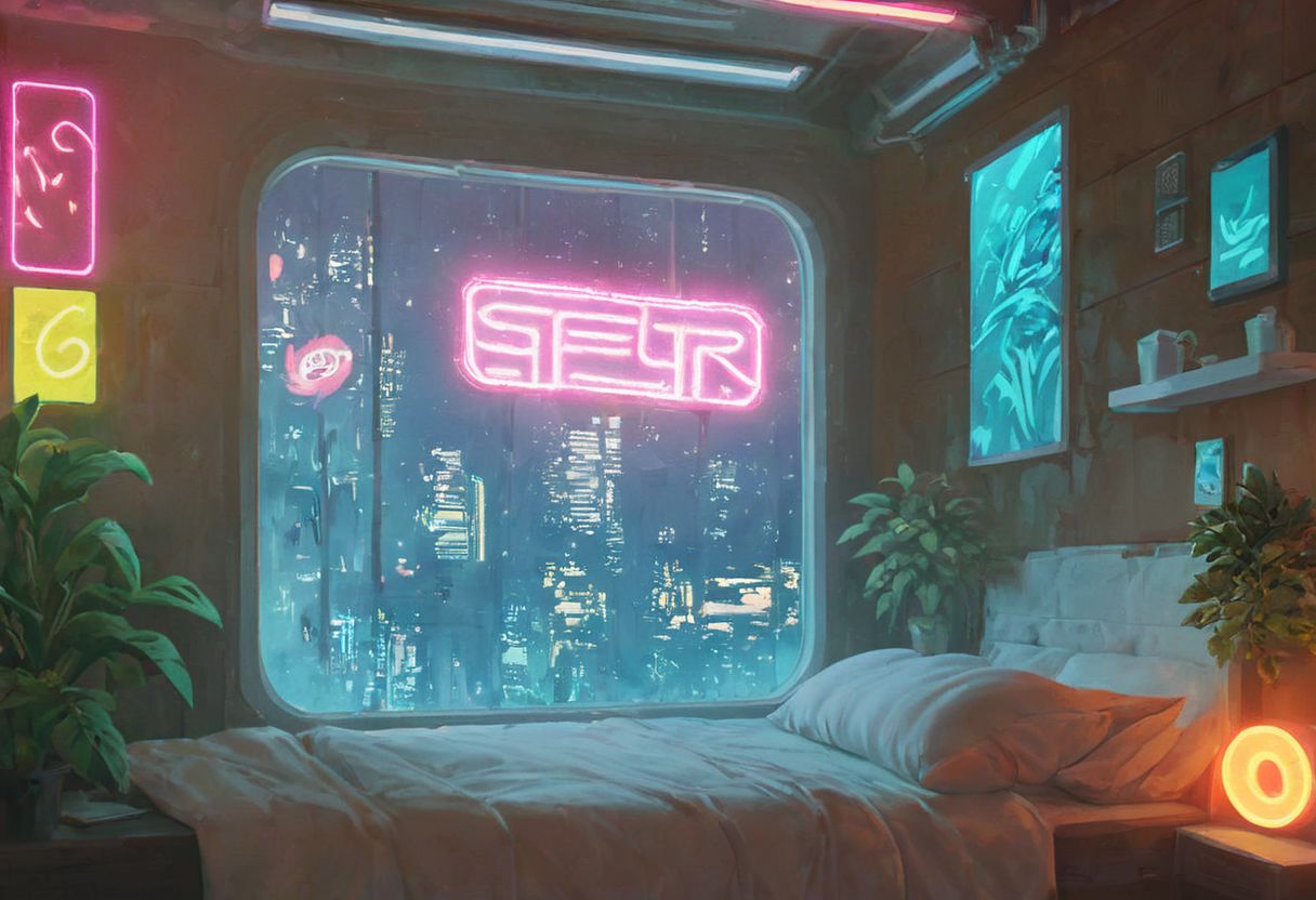 score_9,score_8_up,score_7_up,score_6_up, 
steaming coffee cup on windowsill, plants on the windowsill, wall of plants, monstera plant, large plant, tidy bedrrom, small room, cramped bedroom, teddies on the bed, cyberpunk city view out of the window, neon light, purple neon lights,