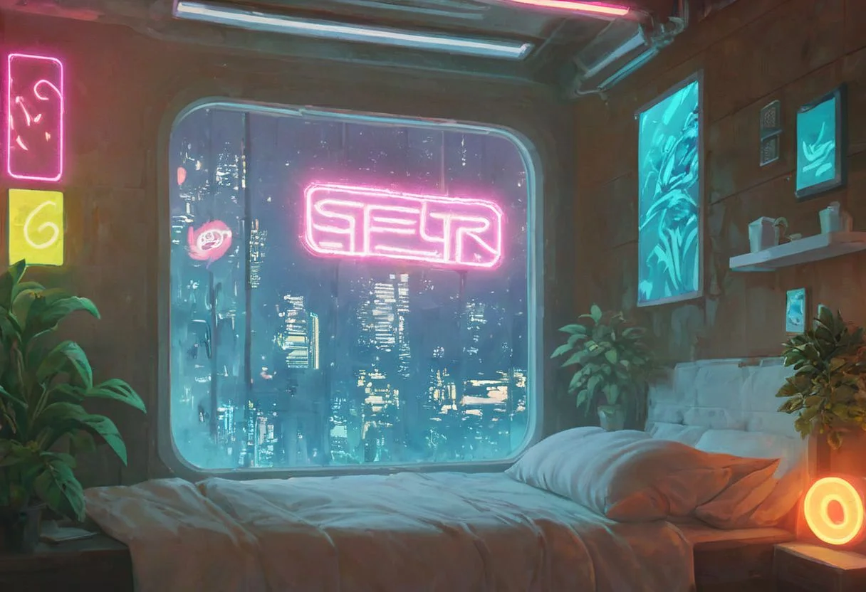 score_9,score_8_up,score_7_up,score_6_up,
steaming coffee cup on windowsill, plants on the windowsill, wall of plants, monstera plant, large plant, tidy bedrrom, small room, cramped bedroom, teddies on the bed, cyberpunk city view out of the window, neon light, purple neon lights,