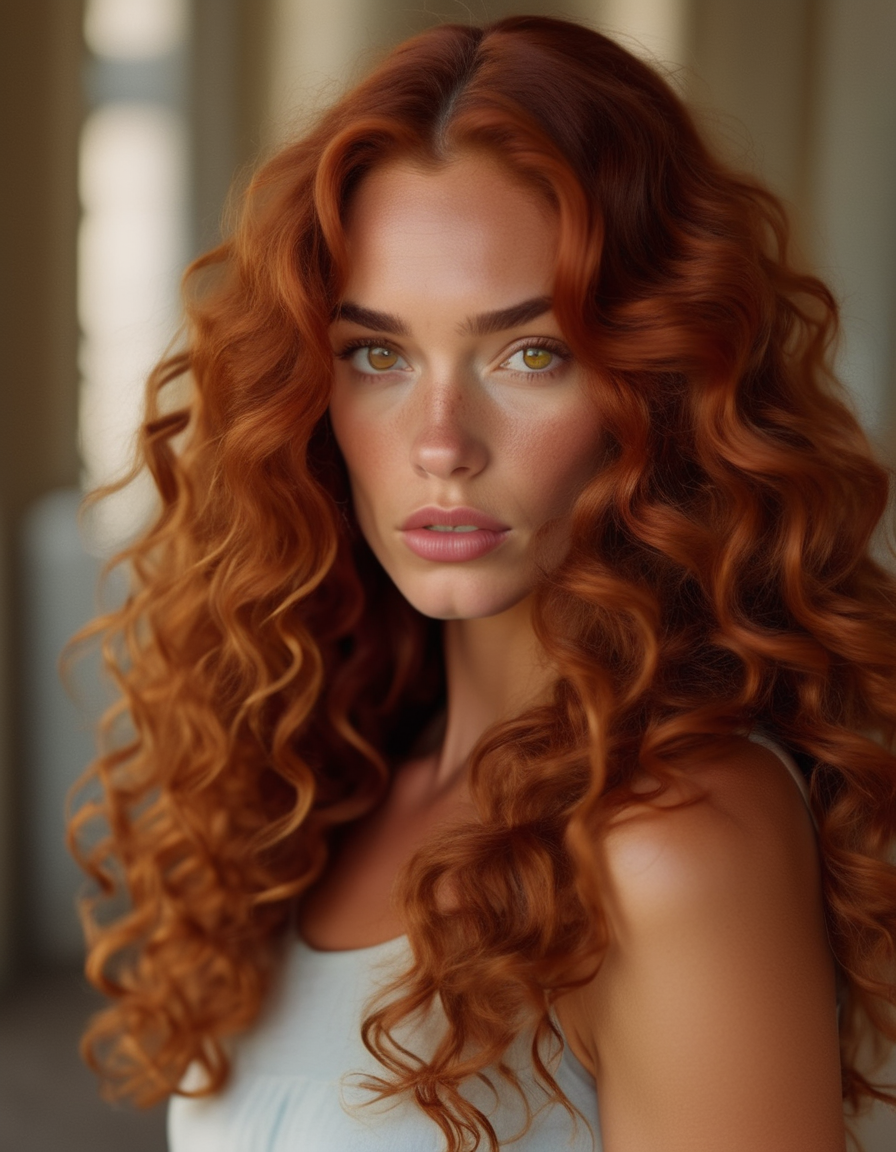 A close-up of a model with long, curly auburn hair, her hazel eyes reflecting a quiet strength, her expression serious and composed. <lora:usual-portrait-v2:1>