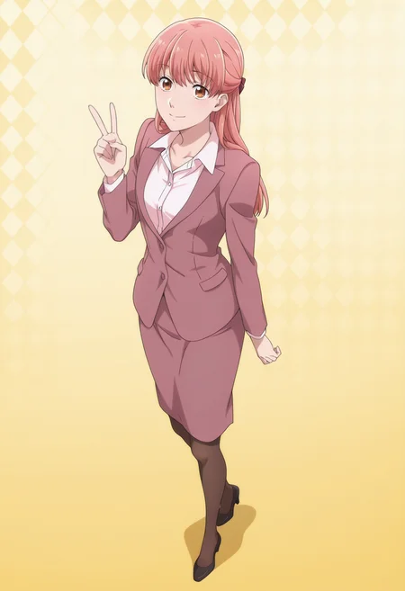 anime screencap, anime coloring, 1girl, solo, <lora:DX888Narumi:1> momose narumi, brown eyes, pink hair, long hair
half updo, hair bow, office lady, suit, skirt suit, pantyhose, BREAK yellow background, argyle background, (simple background:1.2) BREAK (dynamic pose:1.2), ontrapposto, from above, v,