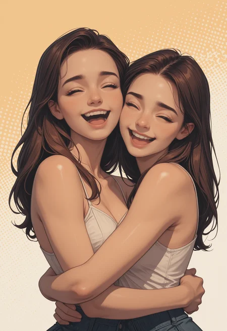 high_quality, highres, beautiful, detailed, (masterpiece, best quality:1.2), absurdres, 8k, HDR, retro,
2women, besties, laughing, hug, halftone_background