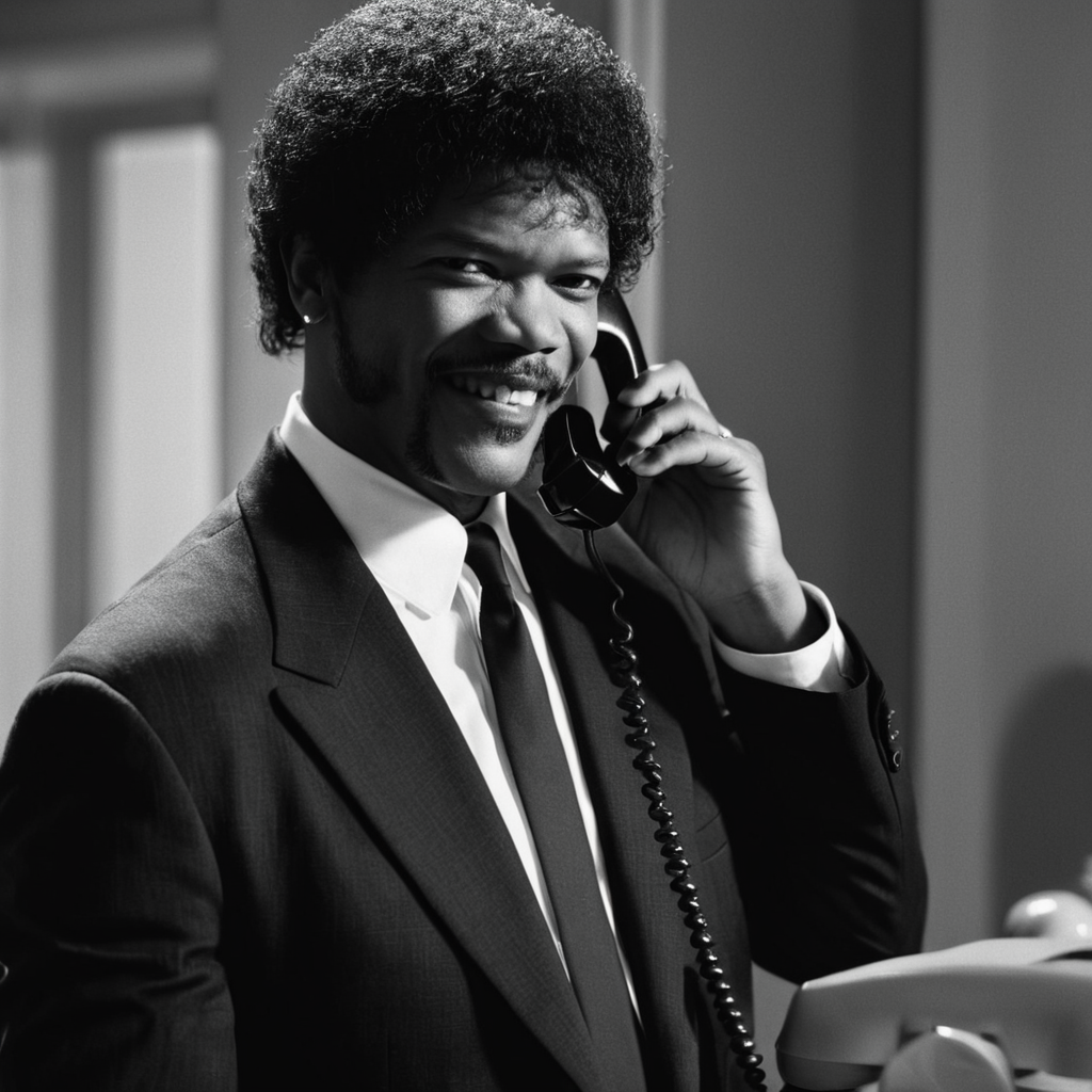 cinematic film still of  <lora:Pulp Fiction style:1>
Jules Winnfield a man in a suit talking on a classic corded telephone,solo,smile,shirt,1boy,holding,jacket,monochrome,upper body,greyscale,male focus,necktie,teeth,collared shirt,hand up,dark skin,facial hair,phone,formal,dark-skinned male,cellphone,suit,afro,talking on phone , 1990's, 90's, film, cinematic, crime and violence, classic, graphic violence, Kodak film, motion picture image,Pulp Fiction style, Pulp Fiction Film style, shallow depth of field, vignette, highly detailed, high budget, bokeh, cinemascope, moody, epic, gorgeous, film grain, grainy