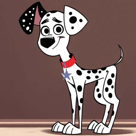 score_9, score_8_up, score_8, score_7, source_cartoon, Dylan Dalmatian, solo, 1boy, feral, dog, dog boy, Dalmatian, white and black fur, black spots, black nose, black eyes, thin tail, dog ears, red collar, star shaped tag, full body, looking at viewer, standing, smile, park background,