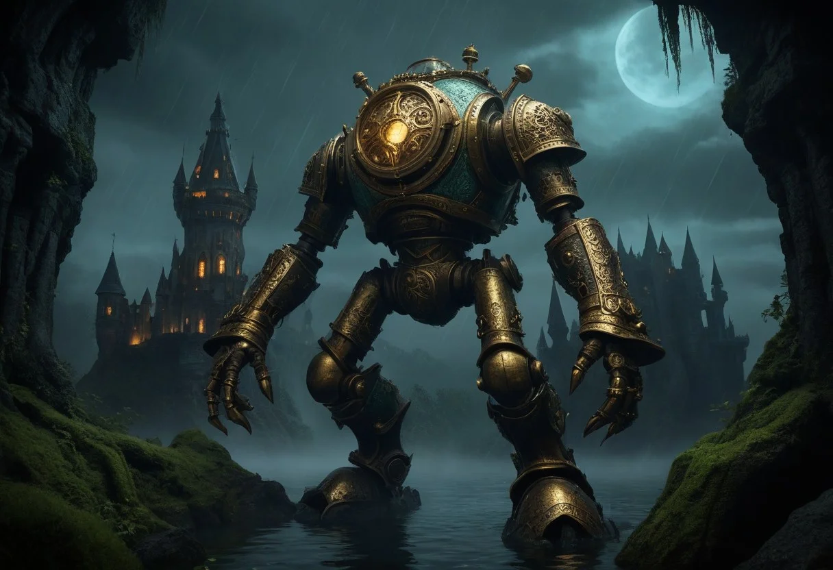 giant bipedal robot brass and dark teal striped paint, bronze paisley robot. lacy robot metal. diving helmet head. outside of a steampunk keep. large detailed torso. dark image. one forty foot tall ancient robot with great arms and two heavy spring legs. dark foggy night background. $dark foggy night image only. dark photo realistic image. steampunk details. cogs, chains and pipes incorporated in the fantasy buildings. magic wizards tower in background. Dark swamp, moss, castle ruins, wizards tower. stormy dark night. stormy sky. rain