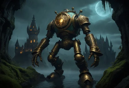 giant bipedal robot brass and dark teal striped paint, bronze paisley robot. lacy robot metal. diving helmet head. outside of a steampunk keep. large detailed torso. dark image. one forty foot tall ancient robot with great arms and two heavy spring legs. dark foggy night background. $dark foggy night image only. dark photo realistic image. steampunk details. cogs, chains and pipes incorporated in the fantasy buildings. magic wizards tower in background. Dark swamp, moss, castle ruins, wizards tower. stormy dark night. stormy sky. rain