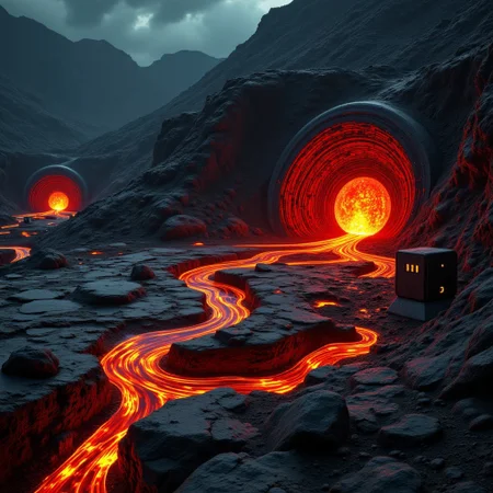 M1CR0CUB3D, A scorched surface with cracked obsidian, lava flows and automated lava pumps. Underground: robotic forges and conveyor belts forging glowing alloys.