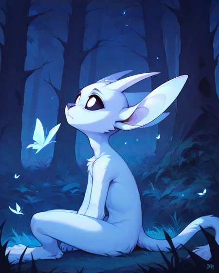 <lora:Ori:0.8> ori, solo, black sclera, white eyes, closed mouth, sitting, upper body, outdoors, tree, no humans, night, grass, bug, looking up, nature, forest, blue theme , furry, from side, pointy ears,, score_9, score_8_up, score_7_up, score_6_up, score_5_up, score_4_up, ponypositive,
