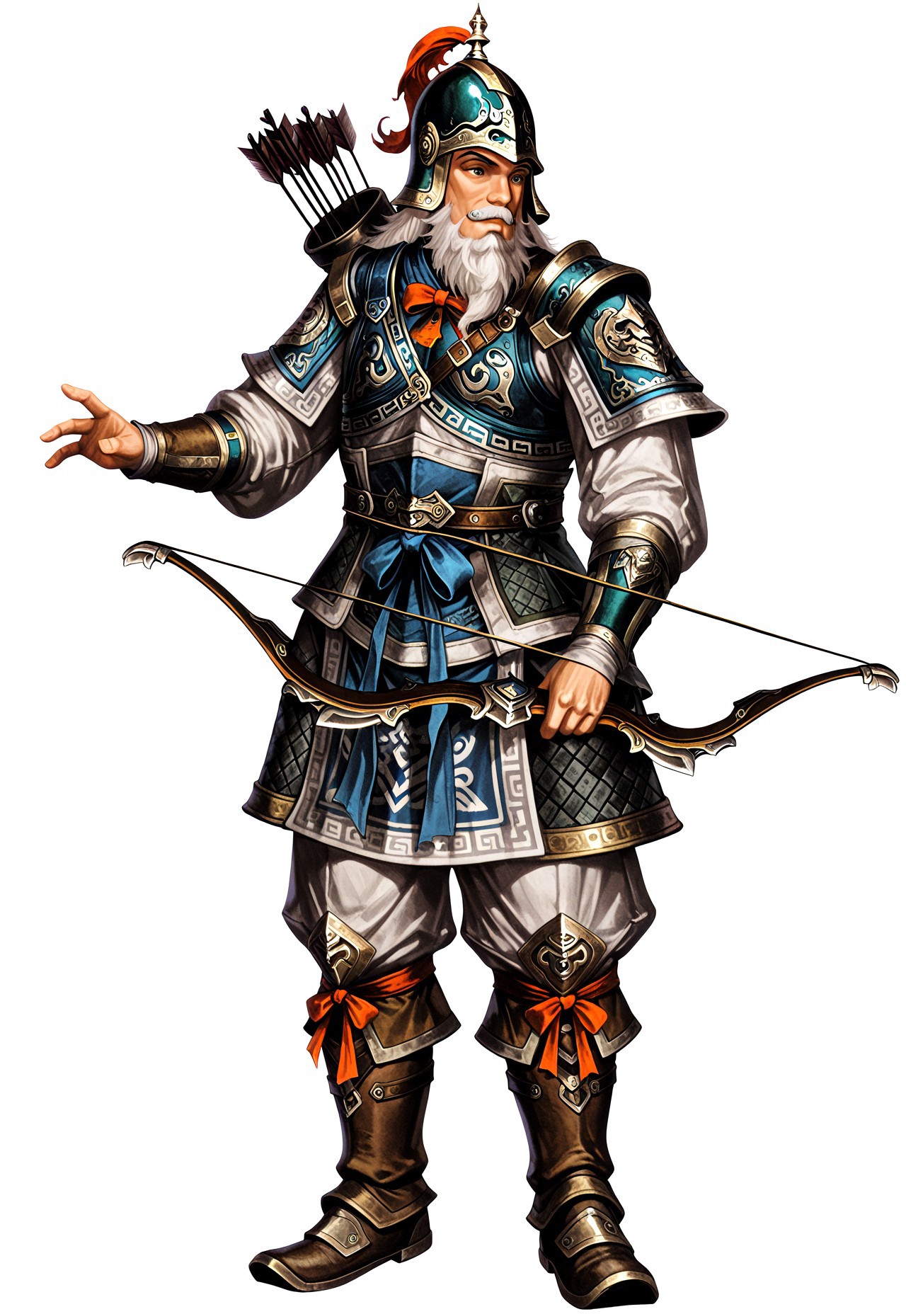 masterpiece, very aesthetic, newest, high score, best quality, absurdres,  End_Dynasty_Warriors_4, white hair, male focus, arrow (projectile), bow (weapon), helmet, armor, white background, full body, 1boy, simple background, standing, solo, long sleeves, mustache, boots, facial hair, weapon, holding weapon, beard, quiver, holding
