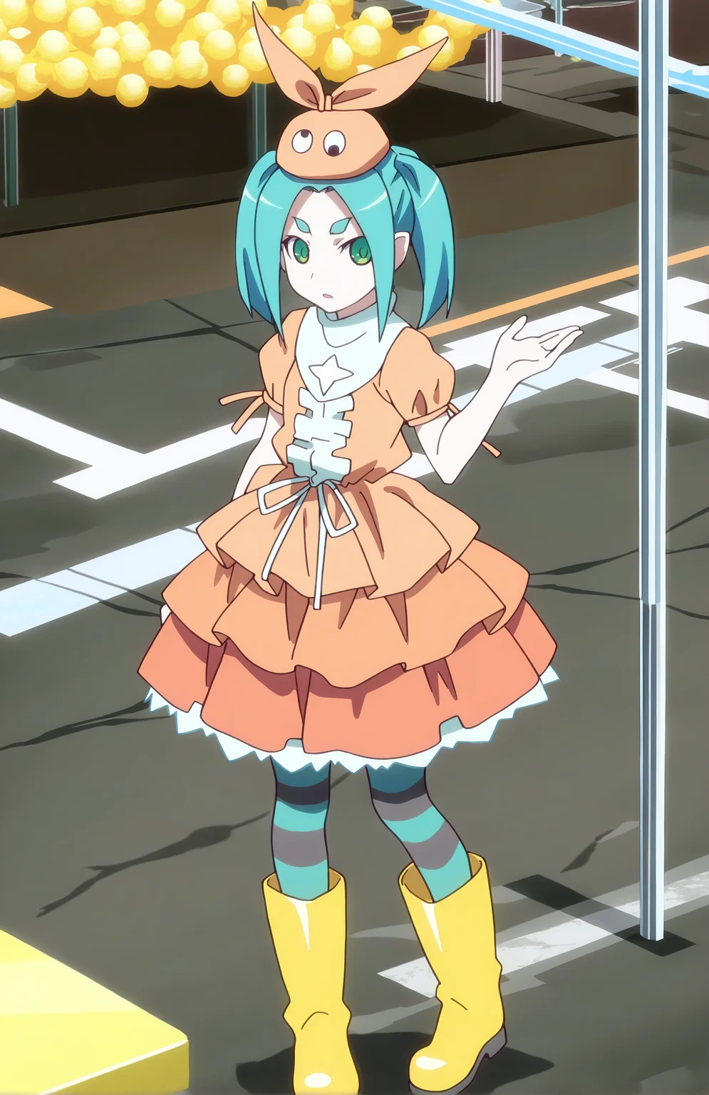 OnonokiYotsugi. 1girl, aqua hair, twintails, green eyes, orange hat, orange dress, short sleeves, frilled skirt, black striped pantyhose, yellow rubber boots, street