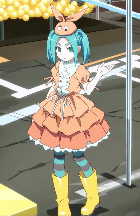 OnonokiYotsugi. 1girl, aqua hair, twintails, green eyes, orange hat, orange dress, short sleeves, frilled skirt, black striped pantyhose, yellow rubber boots, street