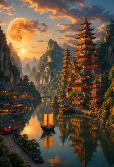 vibrant and cinematic scene, an ancient majestic city nestled in lush mountains, illuminated by the soft glow of sunset, The city with its intricate pagoda-style architecture, towers over a serene river, A large ornate ship with billowing sails is anchored near the city's edge and casting reflections on the water, above a massive moon dominates the sky, sense of wonder, The environment is magical and otherworldly atmosphere, fantasy and adventure, <lora:MJ52:0.3>, <lora:add-detail-xl:1>, <lora:SDXLFaeTastic2400:0.3>