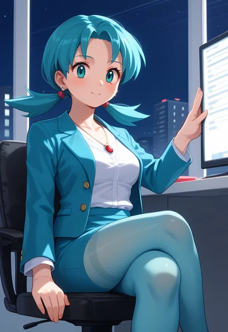 1girl, krispokemon, aqua hair, aqua eyes, low twintails, character age 20,
office,office lady, aqua jacket, aqua skirt, aqua pantyhose, white shirt, necklace, earrings,
sitting, on chair, crossed legs, cowboy shot,  window, night, night sky, moonlight,
((anime style, source anime)), (vibrant colors), [high saturation], score_9, score_8, score_7, (medium breasts)