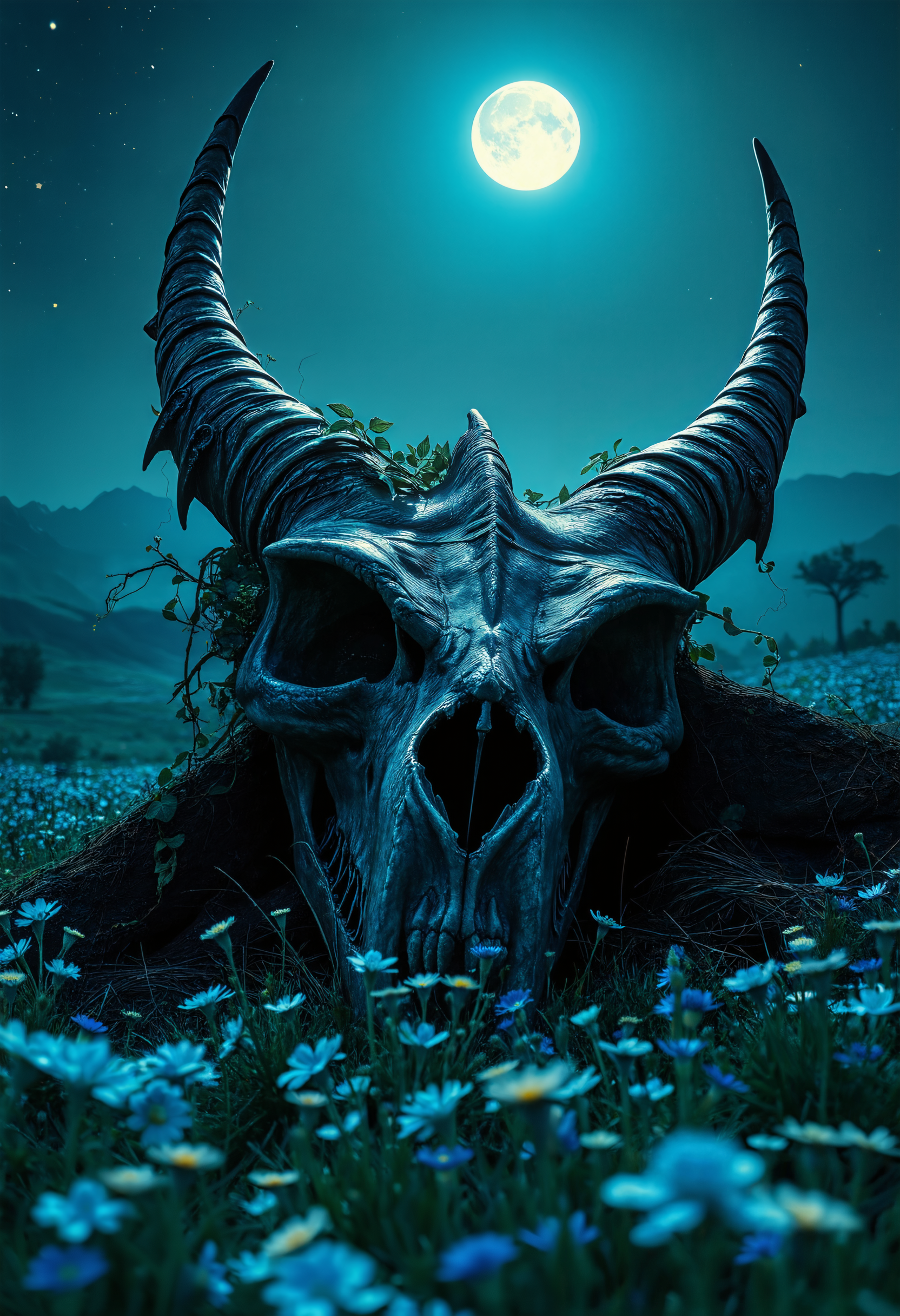 In a serene moonlit meadow filled with blue fluorescent wildflowers, skyrim setting,shot of a massive dragon skull lies partially buried, the skull's formidable horns stretch upward, adorned with climbing vines and blooming flowers, The intricate details of the skull structure with large hollow eye sockets and sharp teeth, The soft hills and distant mountains under a clear star sky provide a peaceful backdrop,
art by Ignat Bednarik  and Leigh Behnke,darkness atmosphere, groundbreaking unrivaled opus with unrivaled details, , ethereal, darkness, atmospheric haze, high budget, cinemascope, moody, epic,  photorealistic, candid camera, color graded cinematic, eye catchlights, atmospheric lighting, imperfections, natural