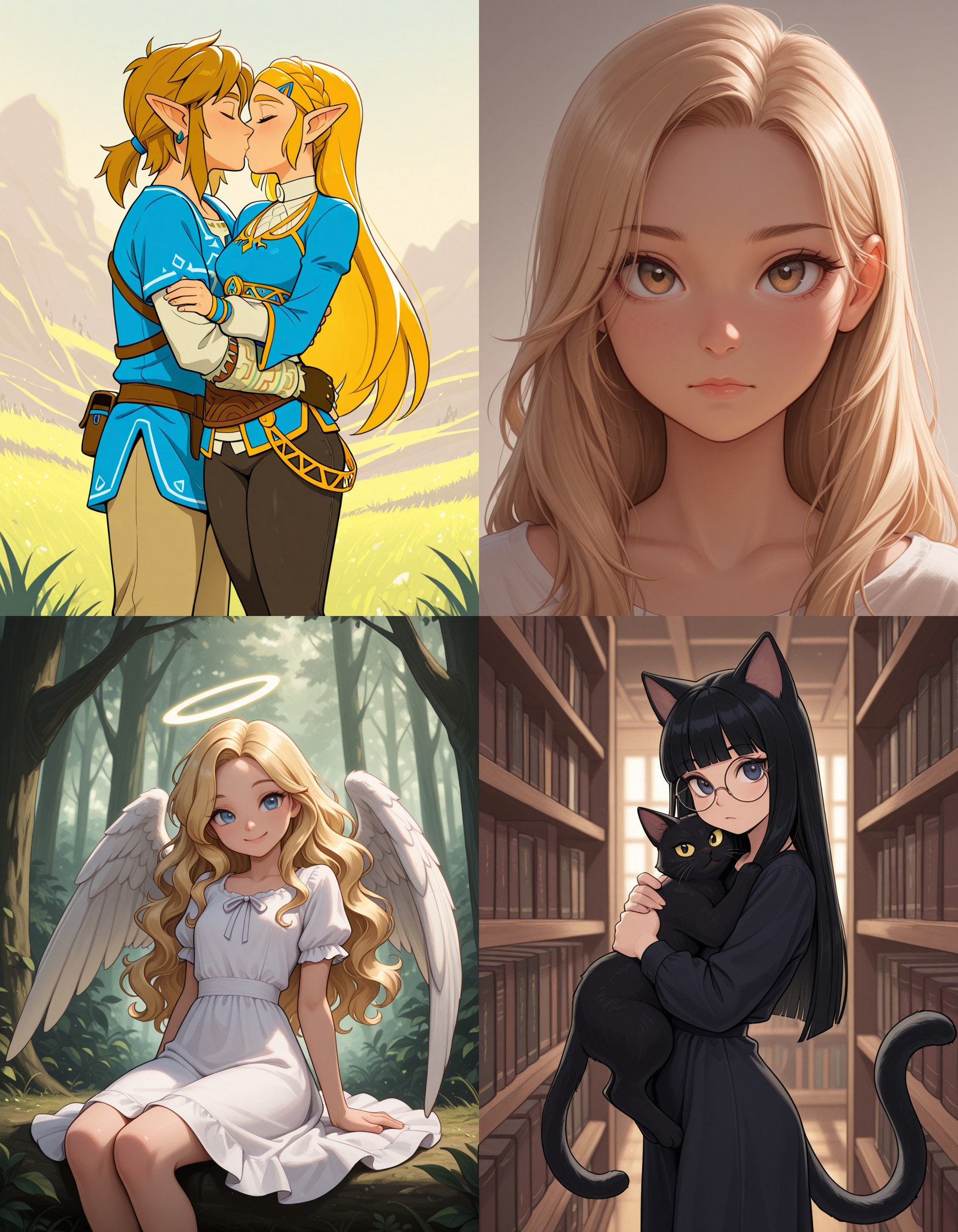 https://civitai.com/articles/8642 __ 1st image: masterpiece, best quality, 1girl, 1boy, princess zelda, the legend of zelda: breath of the wild, standing, kiss, hug, closed eyes, outdoors __ 2nd image: masterpiece, best quality, 1girl, face, portrait, looking at viewer, closed mouth __ 3rd image: masterpiece, best quality, 1girl, solo, blonde hair, wavy hair, angel, angel wings, halo, smile, sitting, forest, white dress __ 4th Image: masterpiece, best quality, 1girl, solo, long hair, black hair, blunt bangs, straight hair, round eyewear, cat girl, cat ears, cat tail, standing, hug, cat, looking at viewer, library