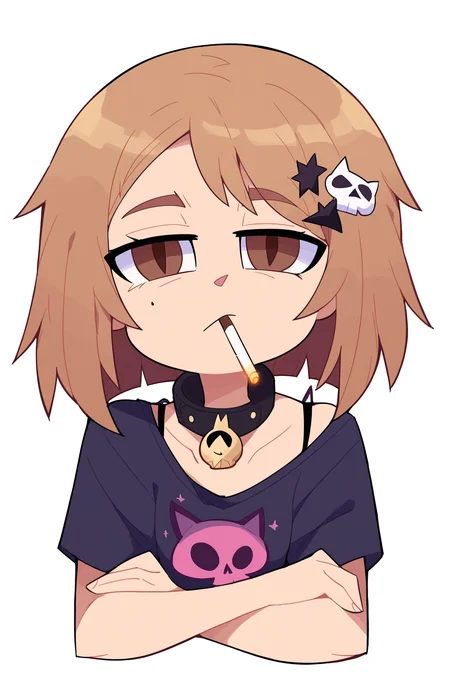 score_9, score_8_up, score_7_up, score_6_up, score_5_up, score_4_up, BREAK
1girl, cat, cigarette, hair ornament, collar, looking at viewer, brown eyes, star (symbol), solo, star hair ornament, shirt, short hair, hairclip, black collar, upper body, simple background, bob cut, white background, leaning forward, skull hair ornament
 <lora:miscon_ponyxl:1>