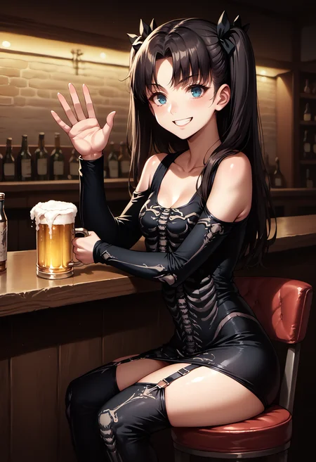 score_9, score_8_up, score_7_up, source_anime, 1girl, solo, looking at viewer, EPfsnRin, long hair, black hair, two side up, twin-tails, skeleton dress, black dress, long sleeves, shoulder cutout, skin tight, indoors, bar \(place\), alcohol, neon lights, cyberpunk, waving, hand up, blue eyes, black thighhighs, collarbone, garter straps, counter, stool, bar stool, holding cup, beer, grin