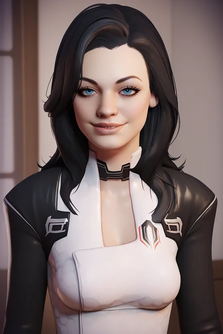 score_9, score_8_up, score_7_up, score_6_up, BREAK, MirandaLawsonMEXL, blue eyes, black hair, long hair, medium breasts, black choker, white bodysuit, black sleeves, solo, front view, (portrait, upper body), solo focus, seductive smile, looking at viewer, indoors <lora:MirandaLawsonMEXL:1>