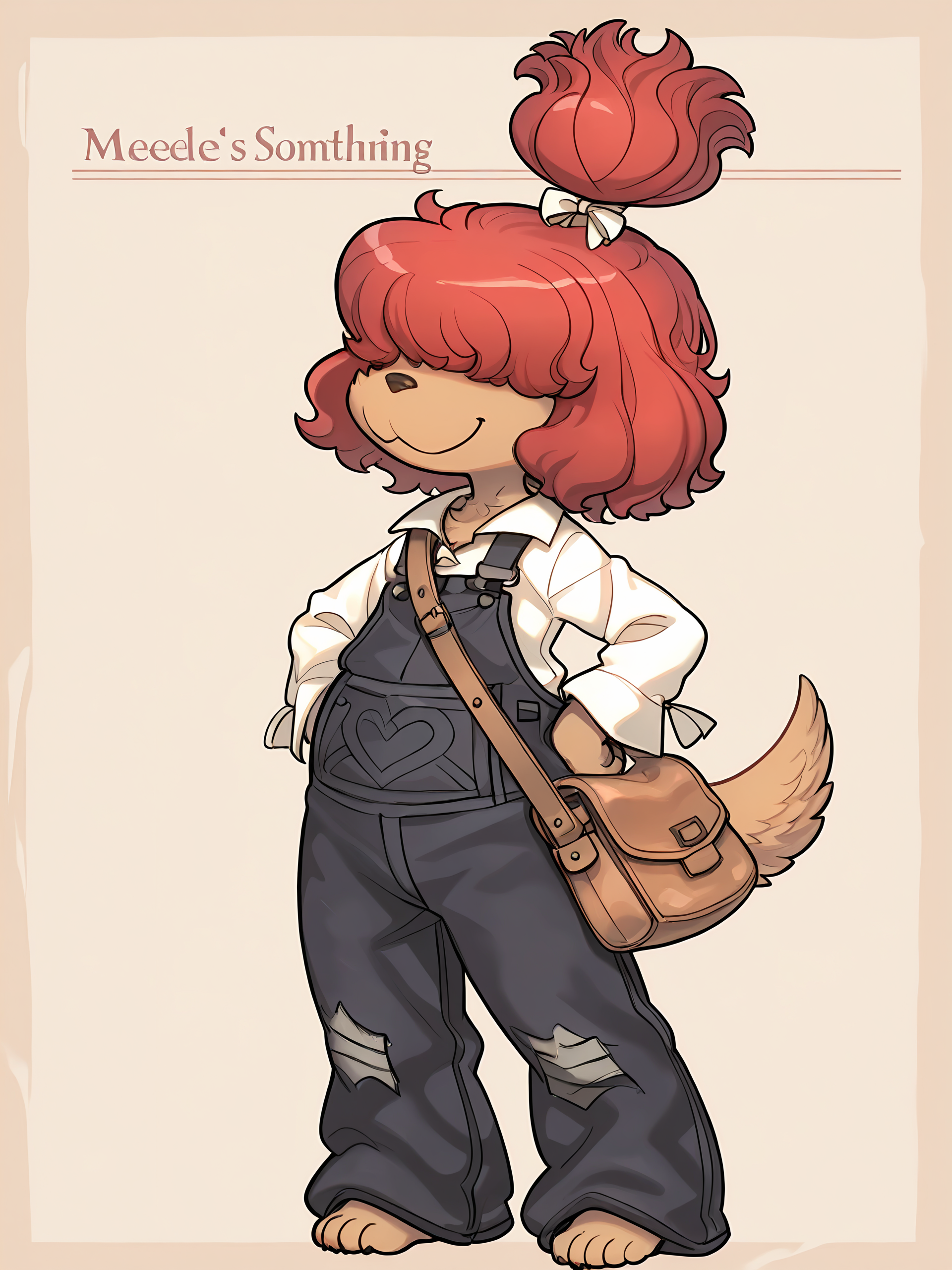 BREAK, <lora:Wappa_Charlotte:1>, Wappa Charlotte, Fuga: Melodies of Steel, kemono, furry female, young female, 1girl, dog girl, tan fur, hair over eyes, red hair, bangs, dog tail, Fuga 1 appearance, topknot, ponytail, hair bow,
BREAK, Fuga 1 Outfit, barefoot, baggy overalls, white blouse, long sleeves, brown satchel, shoulder bag,
BREAK, solo, full body, cheeky smile, looking at viewer,