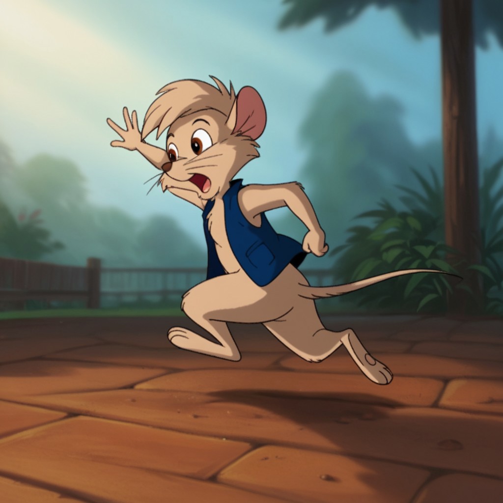score_9, score_8_up, score_7_up, score_6_up, score_5_up, score_4_up, source_furry, Timmynimh2, semi-anthro, male, mouse, tan fur, brown eyes, short hair, blue vest, running, solo, 1boy, outside