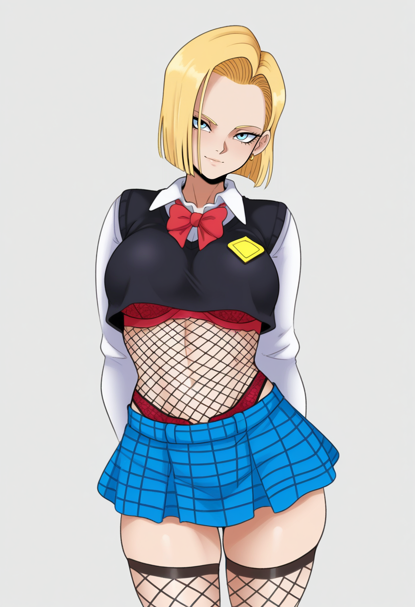masterpiece, best quality, <lora:sunnysundown:1> s0nn1s0nd0wn,, 1girl, solo,
Sideways
looking at viewer, light smile,
android 18, blonde hair, short hair, blue eyes, 
school uniform, skirt, miniskirt, thighhighs, plaid skirt, fishnets, panties, bra, lingerie, crop top, shirt,
simple background, Slate Gray  background,