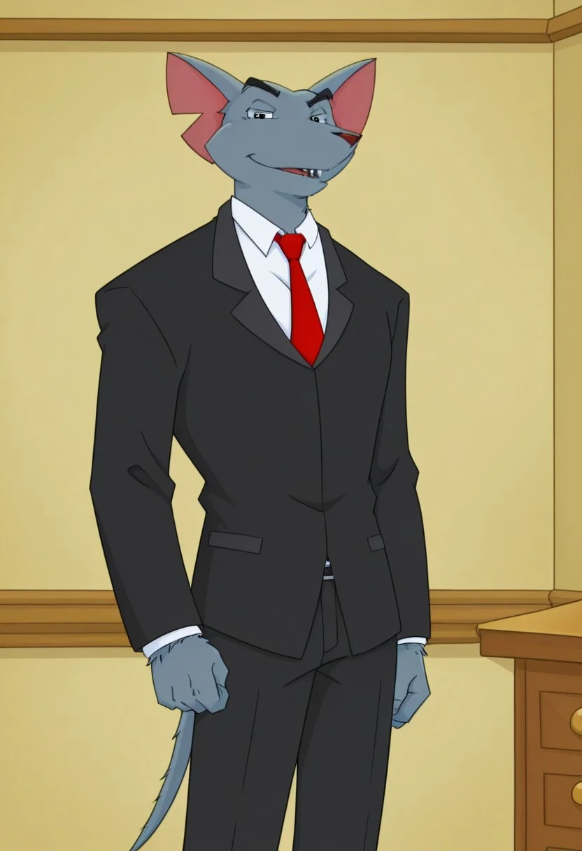 source_cartoon, 2d, hd, score_9, score_8_up, score_7_up, muscelar, csr style, pecs, 1man, solo, Gary Andrew, anthro, furry, rat, rat tail, male, hairy, white shirt, red tie, trousers, jacket, detailed face, standing, looking down at viewer, thin, (skinny male:1.2),