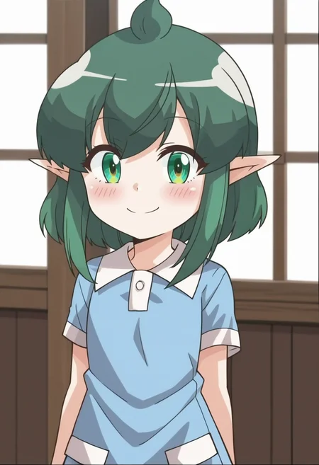 source_anime,anime screencap, anime coloring,intricate details,rating_safe, masterpiece, best quality,
(best quality, absurd res, ultra detailed),,(4 finger:0.5),1girl, ((solo)), good eyes,perfect eyes,,detailed eyes, zPDXLxxx , zPDXL3,detailed, detailed face
BREAK
solo,indoors,standing,front view,
Soah, green eyes, green hair, ahoge, long sidelocks, short hair, pointy ears,
blue dress,
smile, cute, blush,
, <lora:add-detail-xl:2>  <lora:Soah:0.8>