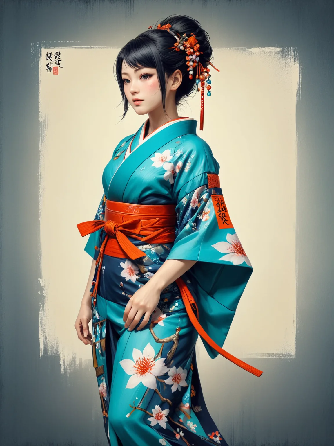 woman wearing a kimono, mad-cbrpnksplshrt, <lora:Splash_Art_SDXL:1.3>, (masterpiece:1.2), best quality