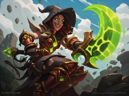 1girl, armored boots, brown hair, cloud, white skin, glowing, green eyes, hat, hood, rock, sky, smile, solo, teeth, weapon, <lora:Hearthstone-000010:0.8>, <lora:hsT2-20:0.5>, score_9, score_8_up, score_7_up, score_6_up