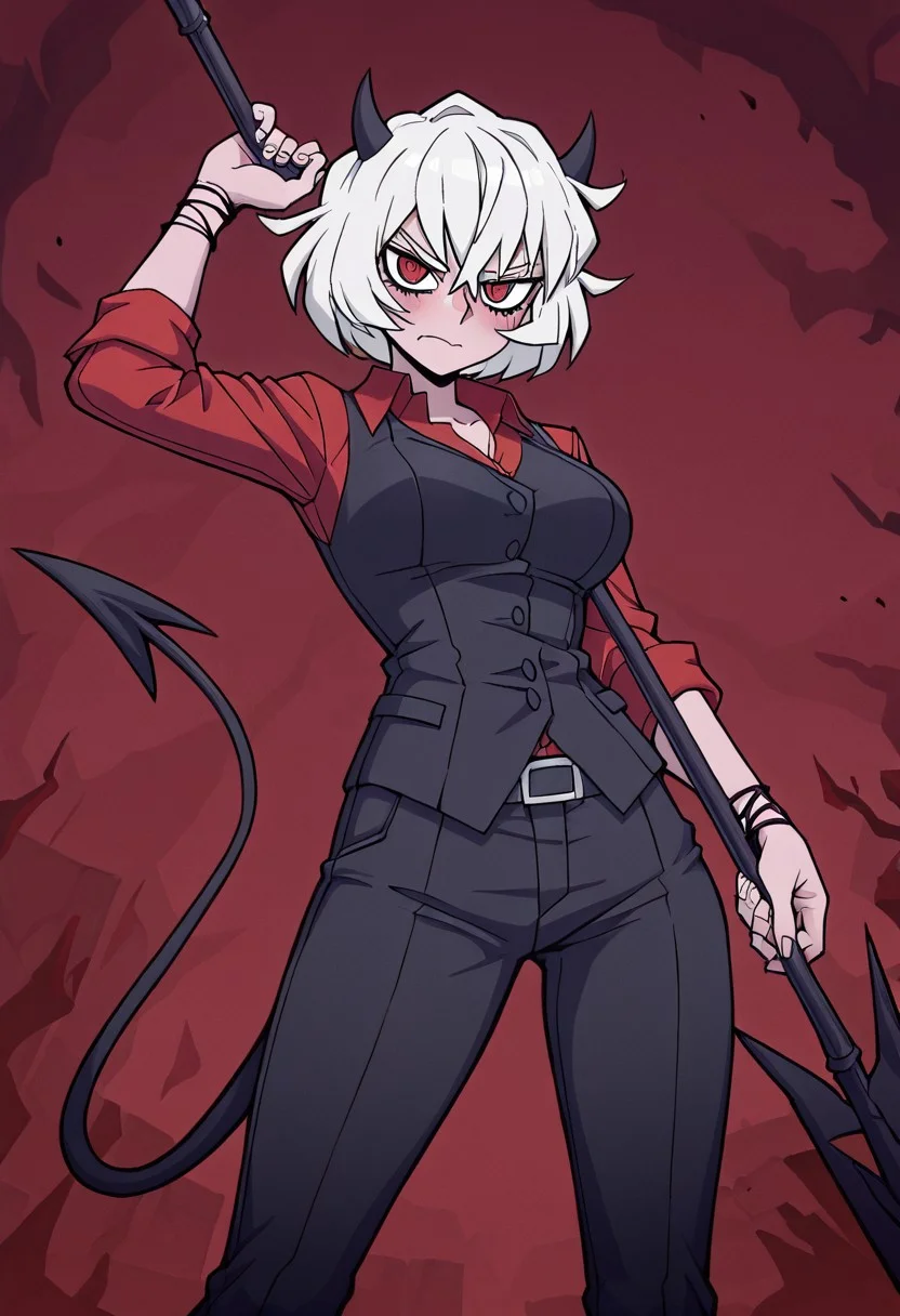 masterpiece, best quality, newest, absurdres, highres, anime, anime style, DPDV1.0, dynamic pose, polearm, holding polearm, holding weapon, weapon,
1girl, malina (helltaker), demon girl, short hair, white hair, horns, demon tail,
spear, holding spear,